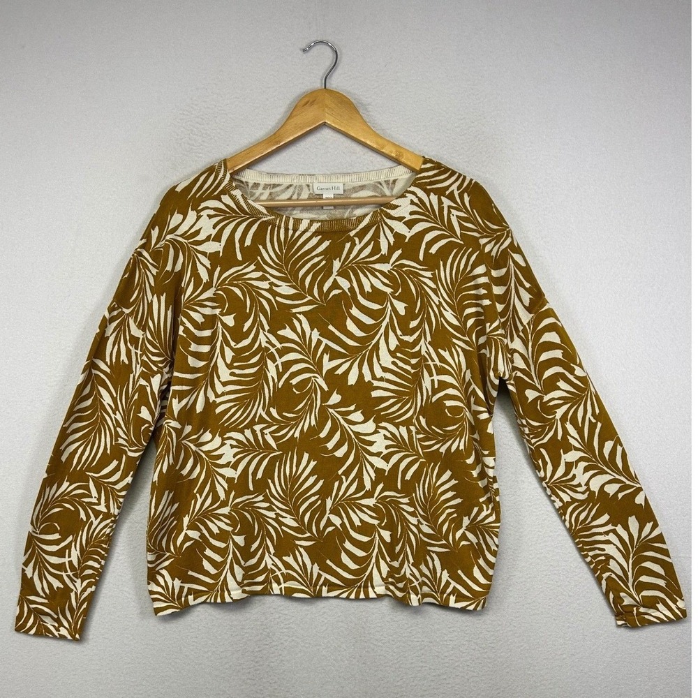 Botanical Boho Garnet Hill Women M Mustard Yellow Silk Cotton Palm‎ Leaf Sweater